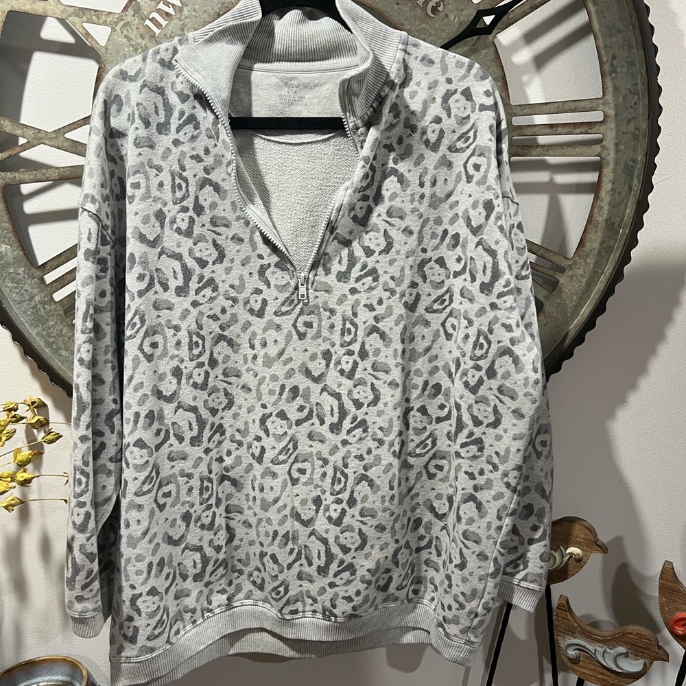 Gray Leopard Print Quarter-Zip Sweater
